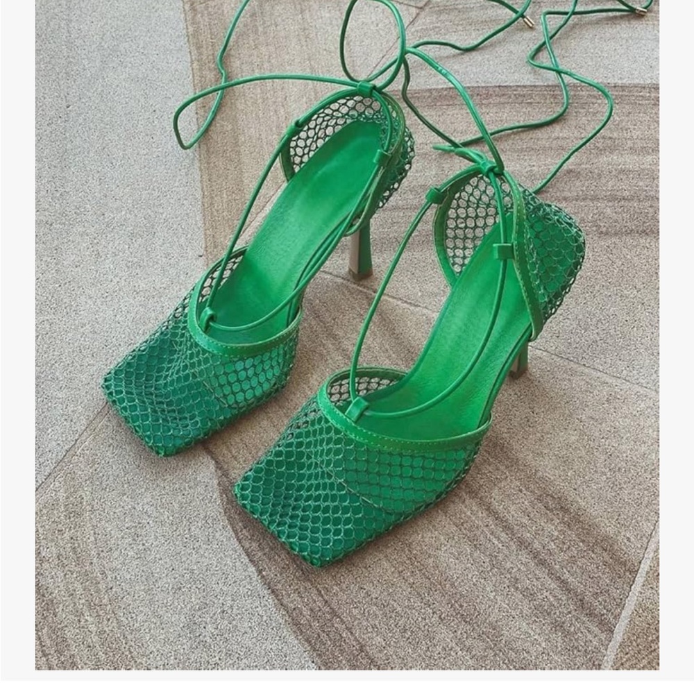 Green Lace-Up Mesh Square-Toe High Heel Sandals by